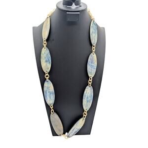 Artisan Created Boho Wood Look Lucite Oval Disk & Loopy Chain 32" Necklace